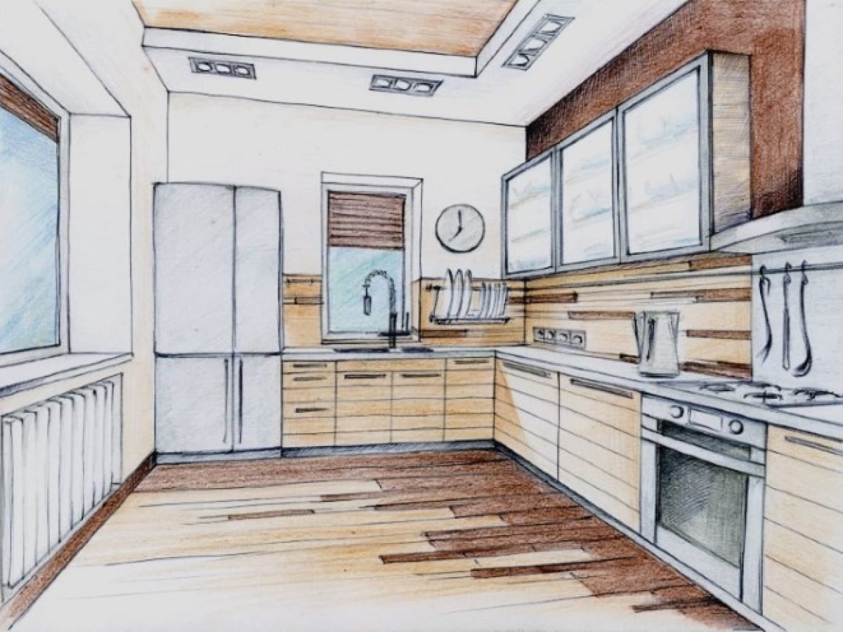 рисунок интерьера кухни карандашом