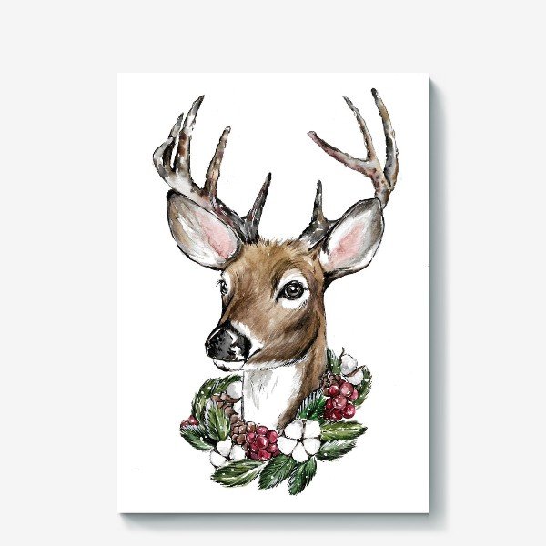 Новогодний олень акварель