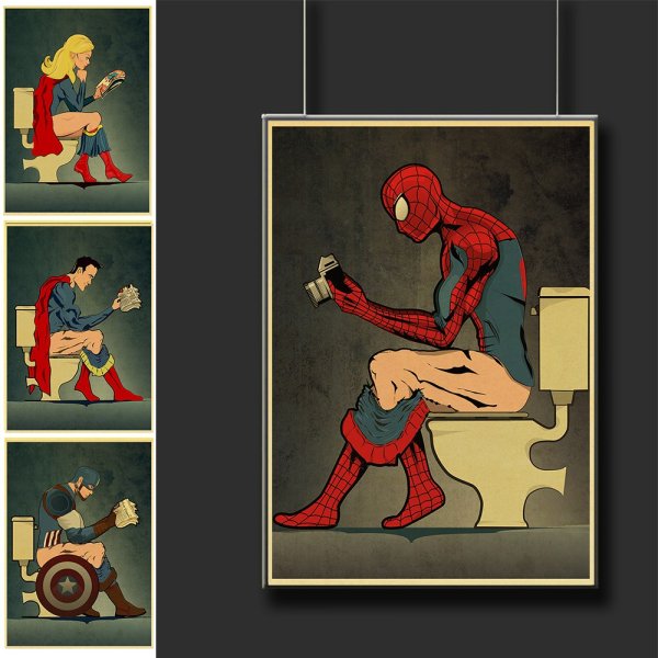 Постеры с супергероями в туалете