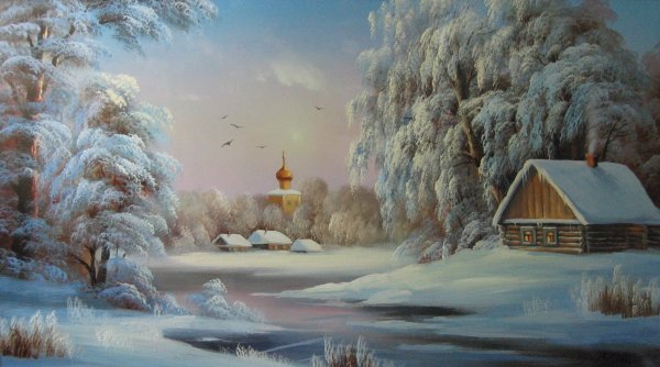 Зимний храм в лесу в живописи