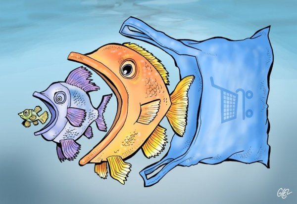 Карикатура мусор в виде рыбы