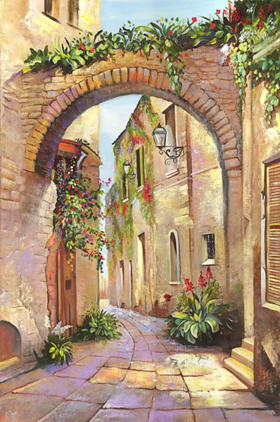 Фрески улочки Италии с кафе