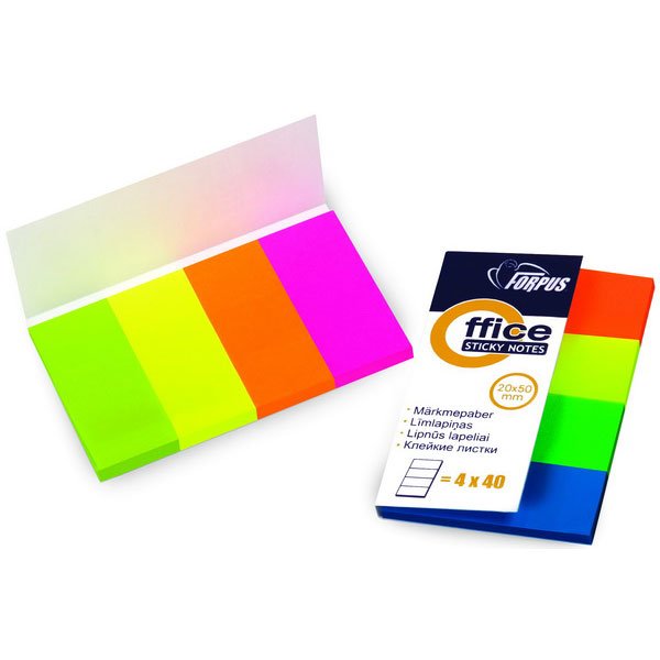 Клейкие закладки бум. 4цв.по 50л. Неон 20х50мм strips Kores 45104