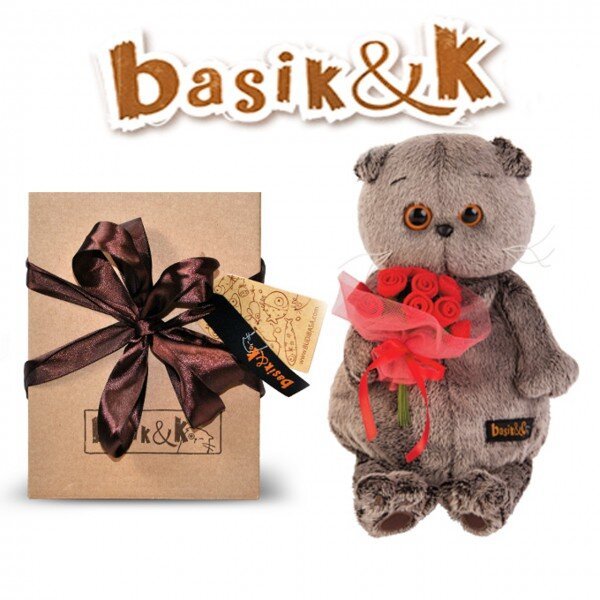 Мягкая игрушка Basik&co кот Басик с букетом красных роз 22 см