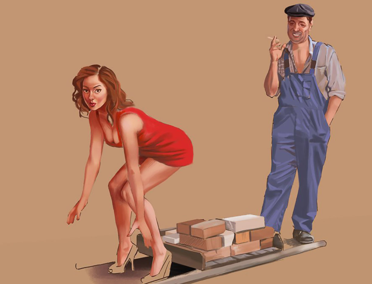 Глупый труд. Мужчина и женщина на стройке. Плакат женщина на стройке.