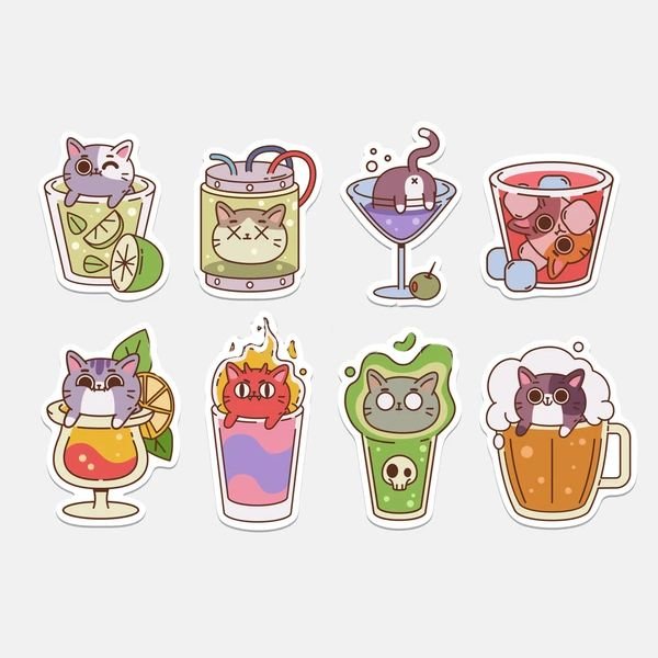 Стикер кот и посуда