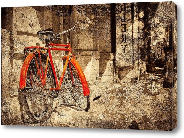 Черно белые картины с красным велосипедом в интерьере