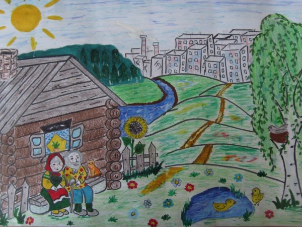 Деревенский пейзаж цветными карандашами