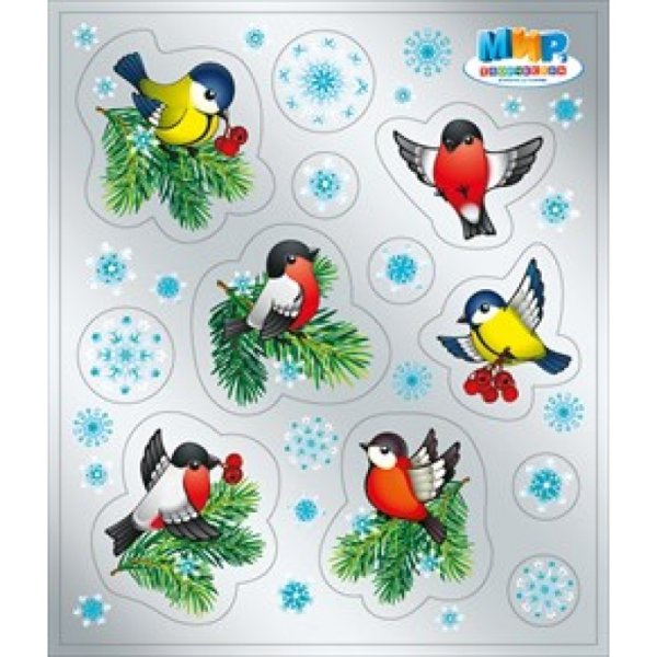 Наклейки на окна Снегири новогодние