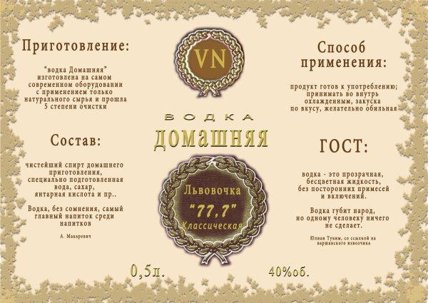 Этикетка на бутылку водки
