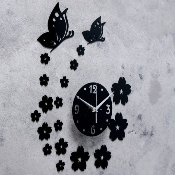 Часы-наклейка DIY "цветы и бабочки" d=15 см, плавный ход, Тип батарейки 1 АА