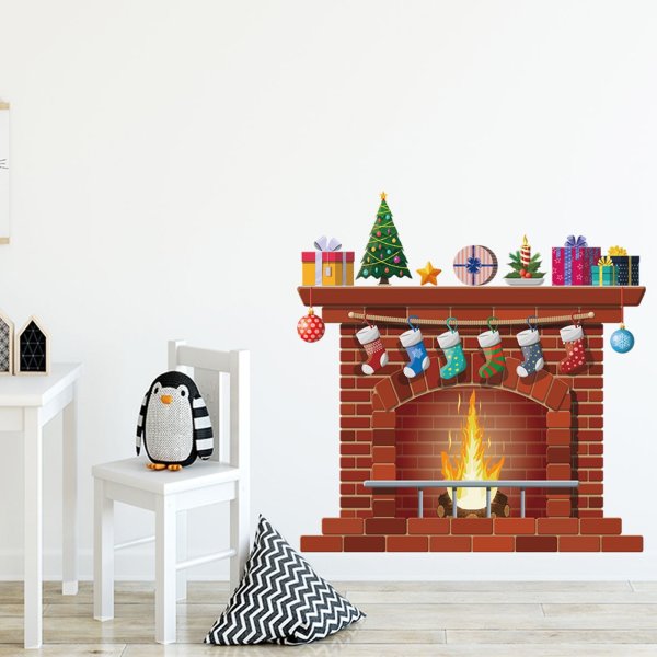 Наклейка на стену камин новогодний