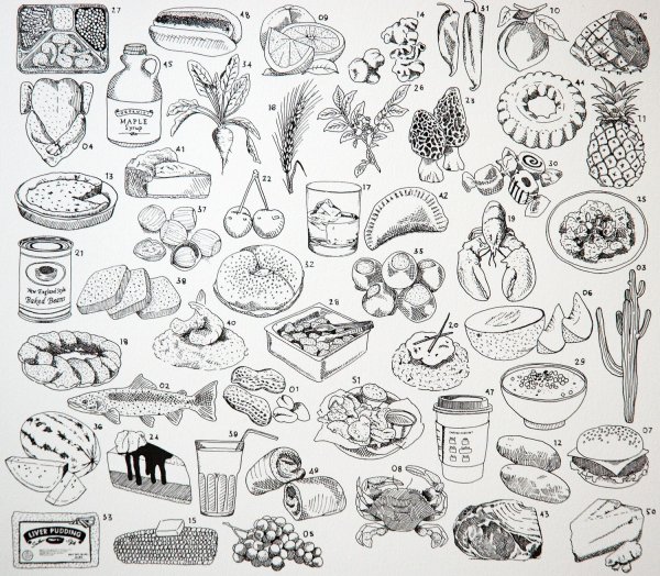 Раскраска еда много маленьких