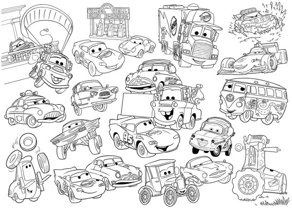 Раскраска много машин на одном листе