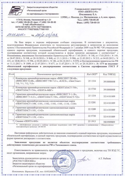 Отказное письмо по сертификации для Озон