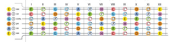 Ноты на грифе гитары 6 струн