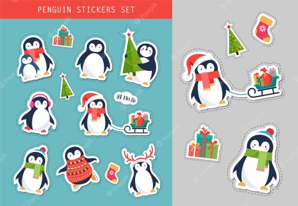 Новогодние наклейки пингвины