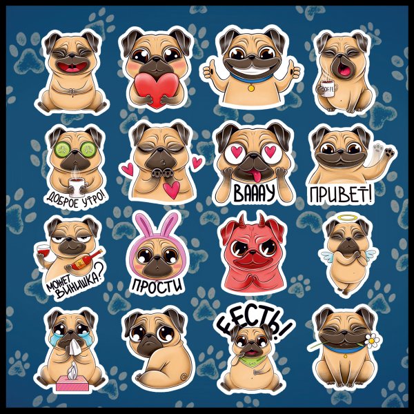 Наклейки наборы мопсы