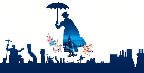 Силуэт Мэри Поппинс с детьми