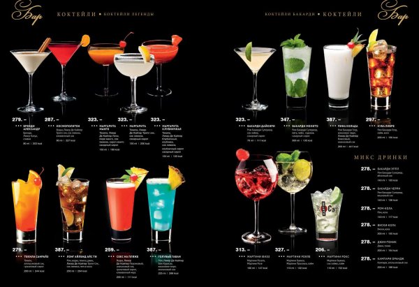 Коктейльное меню бара