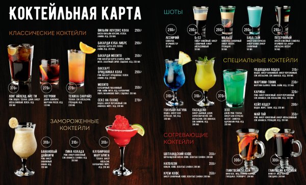 Алкогольные коктейли меню