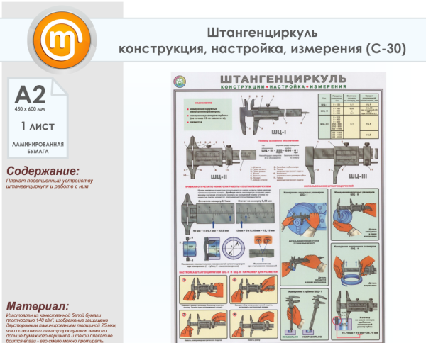 Плакат штангенциркуль конструкция настройка измерения
