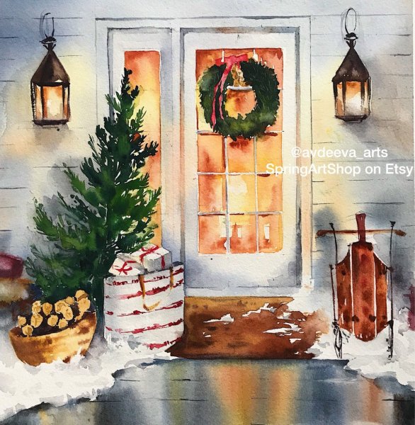 Новый год акварель