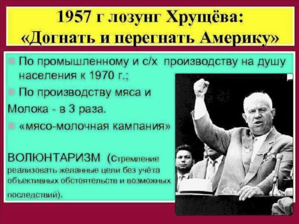 1957 Г лозунг Хрущёва: «догнать и перегнать Америку»