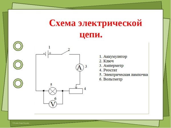 Схема электрической цепи лампочка амперметр ключ батарея
