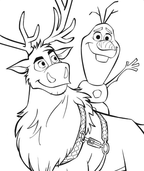 Раскраска Эльза Анна Кристофф Свен и Олаф