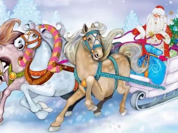 Дед Мороз на санях с лошадьми