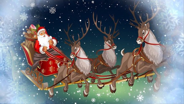 Дед Мороз на санях с оленями