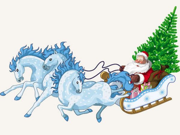Дед Мороз на санях с лошадьми