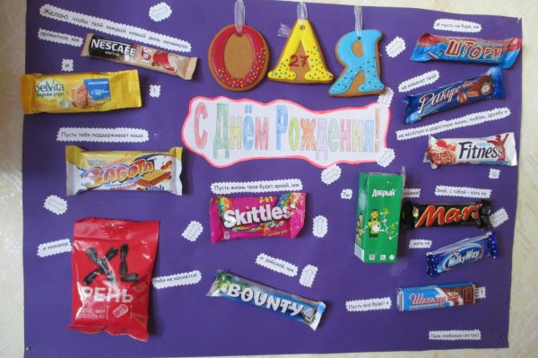 Поздравление на плакате со сладостями