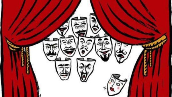 Театральные маски на фоне занавеса