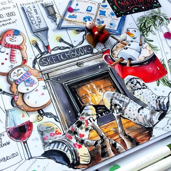 Новогодние скетчи маркерами