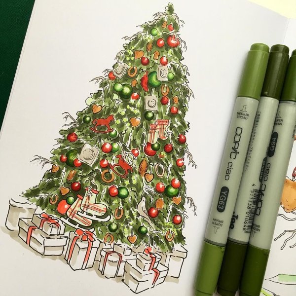 Новогодняя елка скетч маркерами