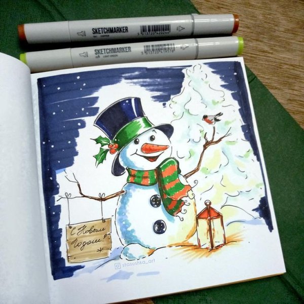 Новогодние открытки маркерами для скетча