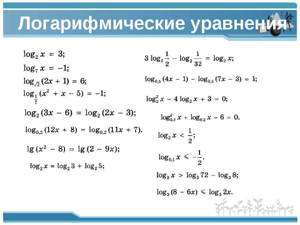 Формулы для решения логарифмических уравнений