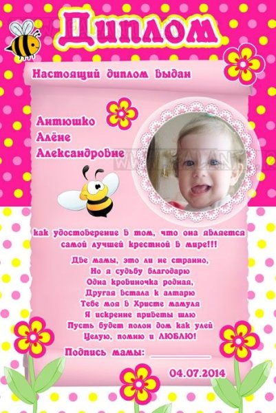Диплом для крестной на день рождения