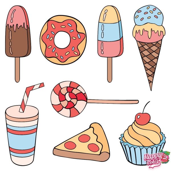 Нарисовать мороженое и пиццу