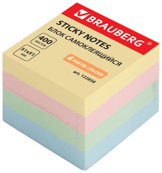 Блок самоклеящийся 76*76 400л. BRAUBERG 122856 4 цвета