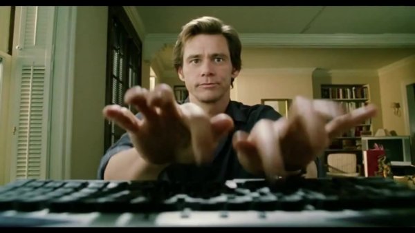 Джим Керри Брюс Всемогущий печатает