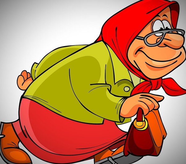 Веселая бабушка на белом фоне