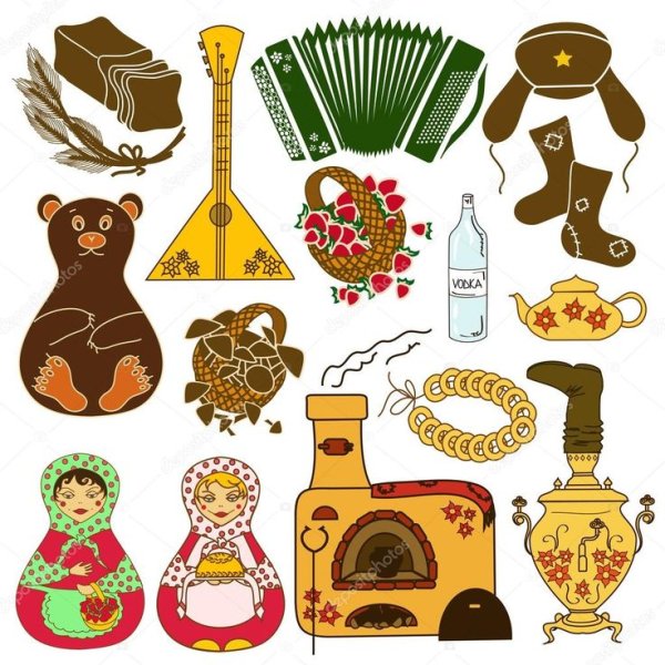 Балалайка Матрешка самовар символы России иконки