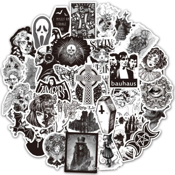 50pcs/Pack Black White Gothic Style Horror Thriller Stickers cool Pegatina for DIY Laptop Skateboard Guitar car Decals Sticker