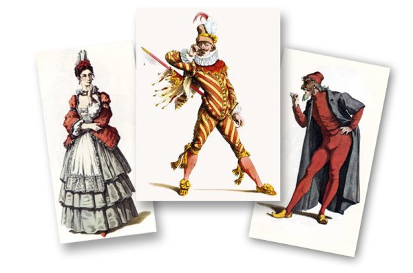 – Труффальдино, Тарталья, панталоне, Бригелла, Смеральдина