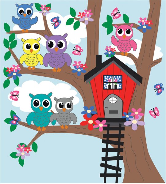 Дерево с совятами нарисованное