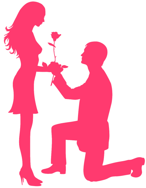 Девушка дарит парню цветы на коленях