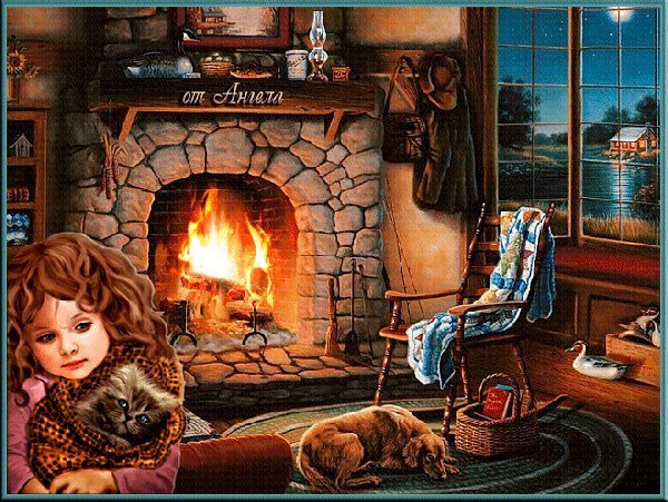 Новый год акварель камин